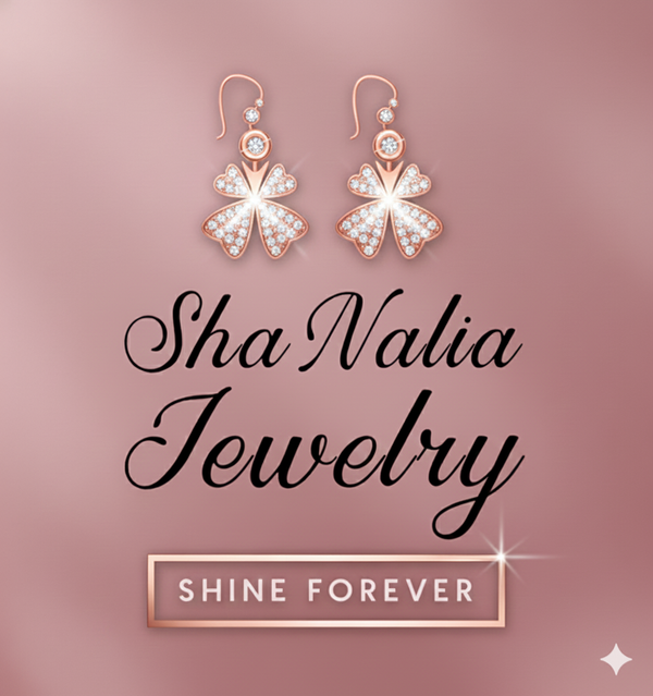 Rose gold earrings with “Shine Forever” text on a pink background, featuring the brand Sha Nalia Jewelry.